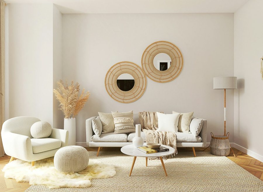 Warm lounge corner with leather sofa and layered lighting